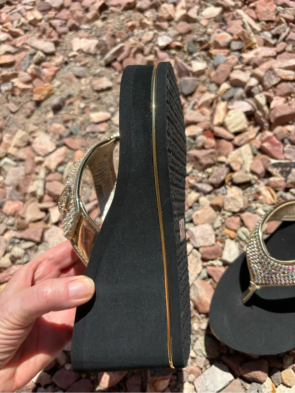 GUESS Sarraly 4 Gold Rhinestone Wedge Sandals Size 8 NIB W Crystal Accents